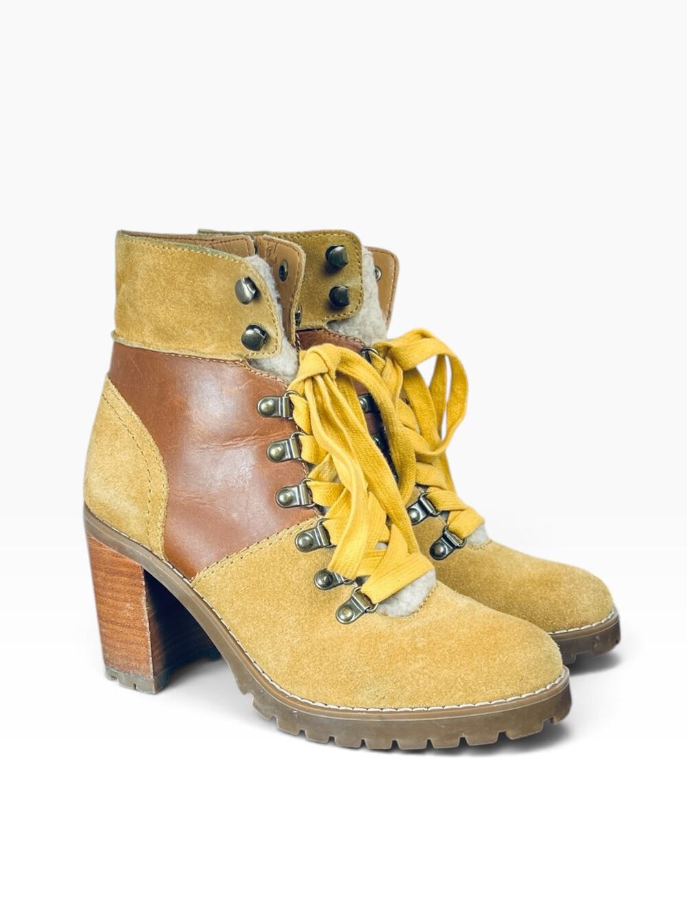 Frye Rayner Hiker Cognac Leather Suede Shearling Lug Sole Ankle Boots Size 7
